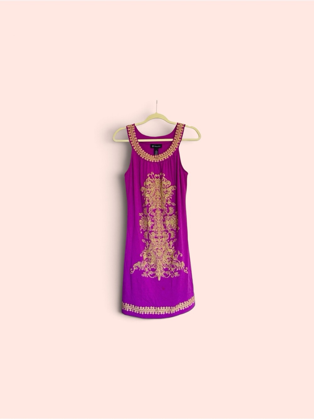 INC International Concepts Fuchsia Shift Dress with Gold Embroidery Size Large